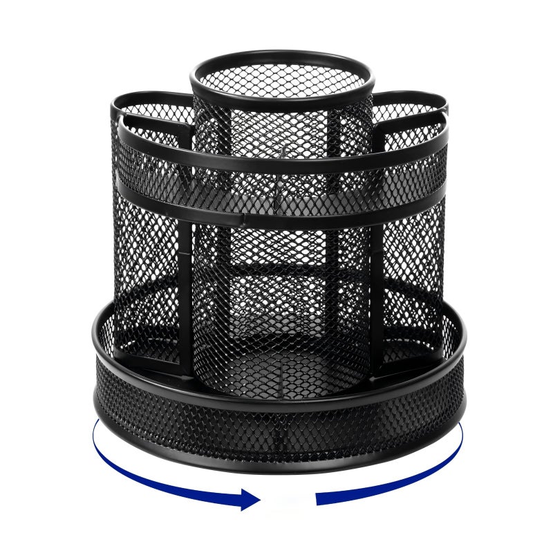 Comix 360 Rotating Pen Holder for Desk, 9 Compartments Office Desk Organizer, Black Mesh Metal Pencil Holder Cup for Office Home School - Image 2